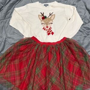 Girls Holiday Reindeer Sweater with Red Plaid Tulle Skirt